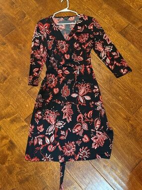 Black Floral Wrap Dress with Red Accents